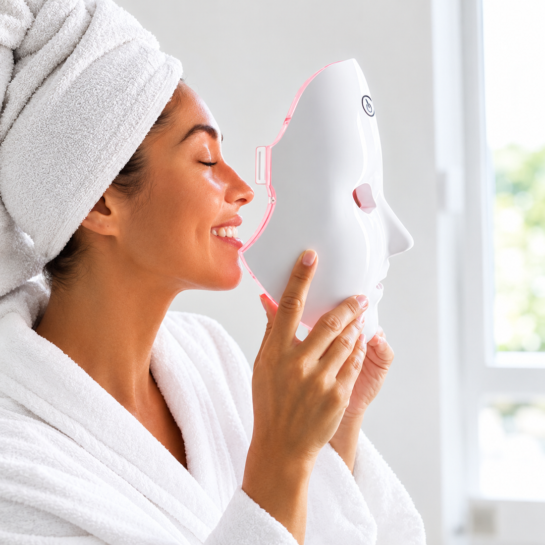 Woman using a white LED face mask